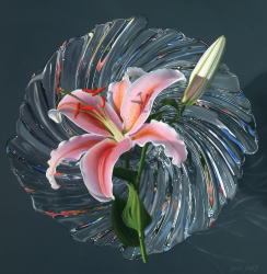 Picture of a Jane Jones Painting, Circle of Light. Pink Lilly in a vase