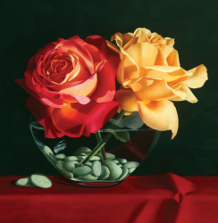 Picture of a Jane Jones Painting, Rose Duet. Red and yellow roses in small round vase.