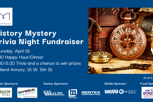 Graphic for the Holland Museum 2024 History Mystery Trivia Night fundraising event happening on April 18, 2024