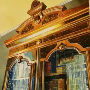 A picture of Bruce McComb's Painting of the Cappon House, which are on display at the Holland Museum from October 4-Mach 10, 2025