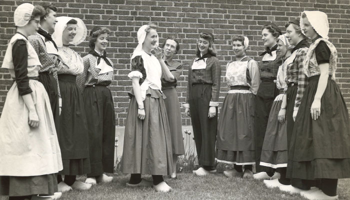 A picture of Lavina Cappon and Tulip Time Klompen Dancers (1965), which is the focus of the Holland Museum exhibit, " A Stitch in Time: Lavina Cappon's Tulip Time Legacy," on display from April 26-September 16, 2024.