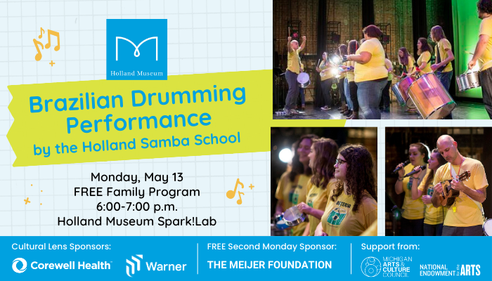 Students from Holland Samba School performing Brazilian Drumming in a concert.